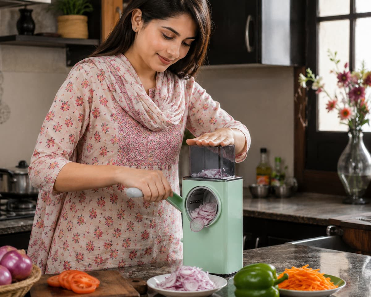 Woman using 4-in-1 Vegetable Cutter in kitchen with onions and vegetables