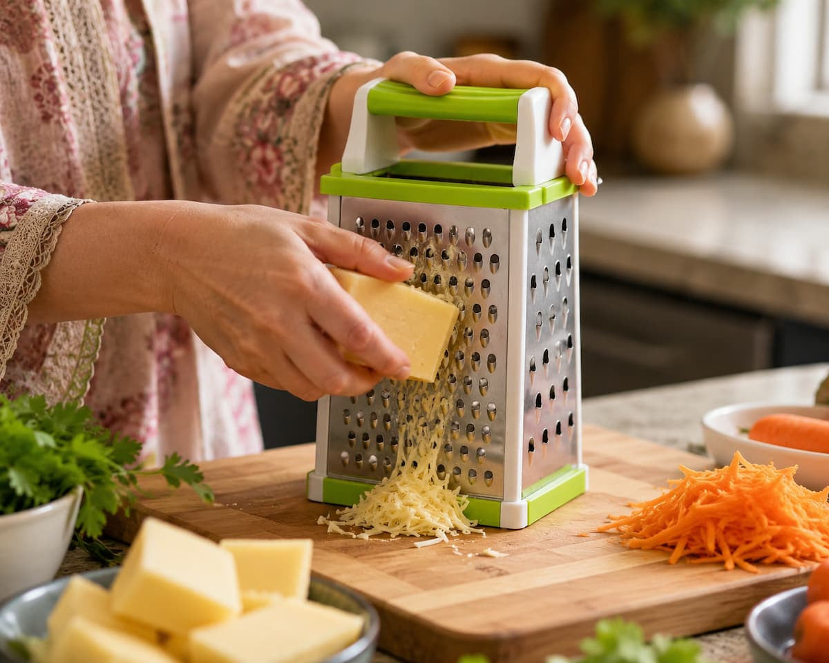 Hands grating cheese and carrots using 5-in-1 grater in kitchen